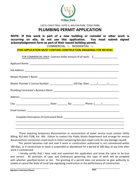First page of the Plumbing Permit Application