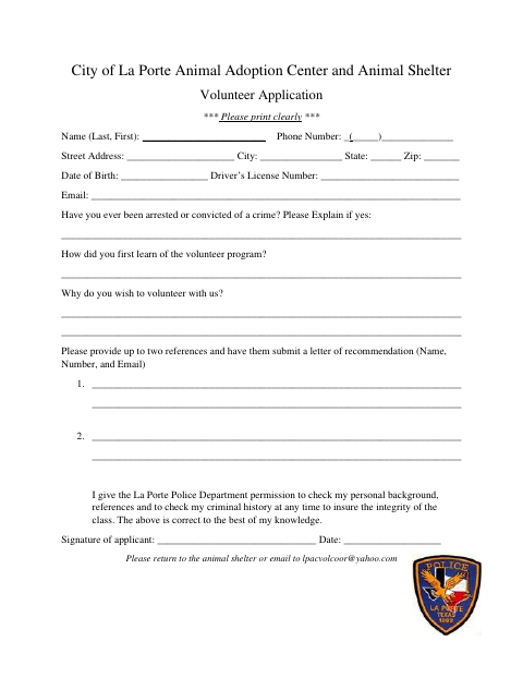 First page of the Animal Adoption Center and Animal Shelter Volunteer Application