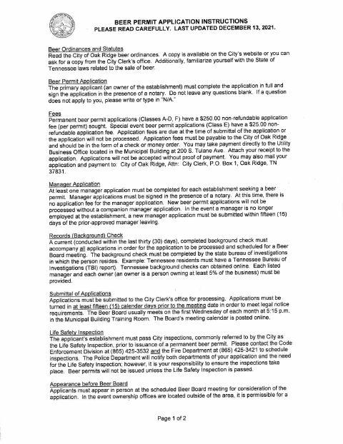 First page of the Permanent Beer Permit Application