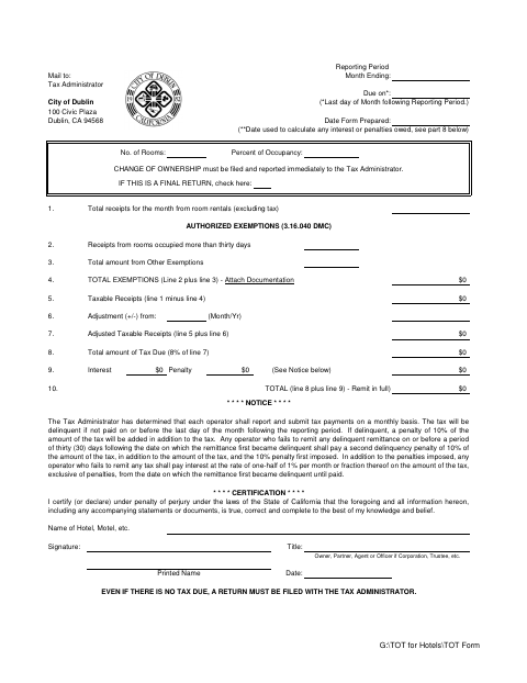 First page of the Hotel Transient Occupancy Tax Form