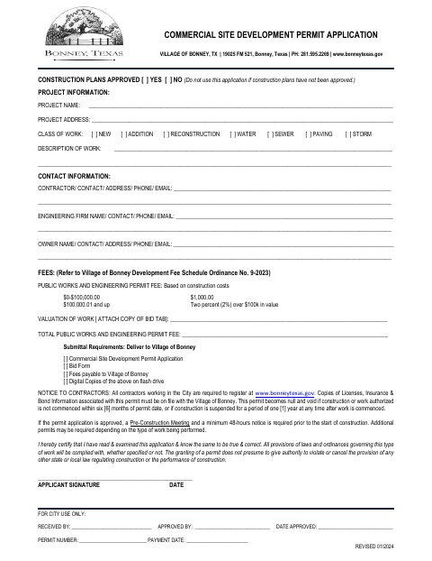 First page of the Commercial Site Development Permit Application