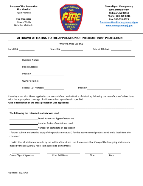 First page of the Affidavit Attesting to the Application of Interior Finish Protection