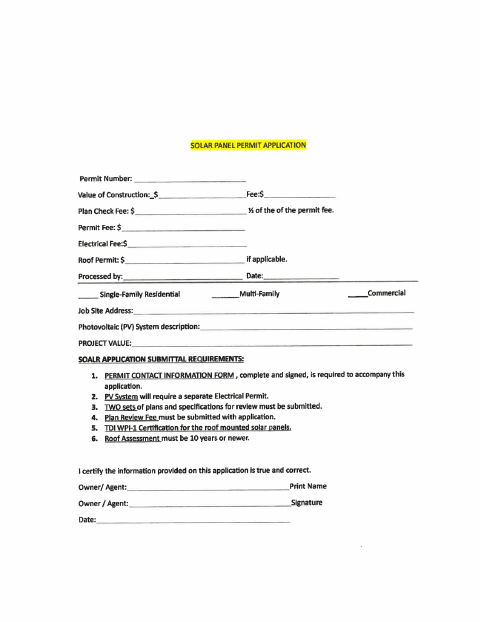 First page of the Solar Panel Permit Application