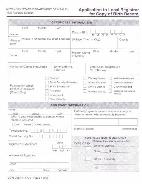 First page of the Application for Copy of Birth Record