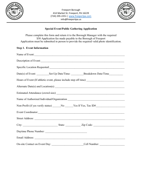 First page of the Special Event/Public Gathering Application