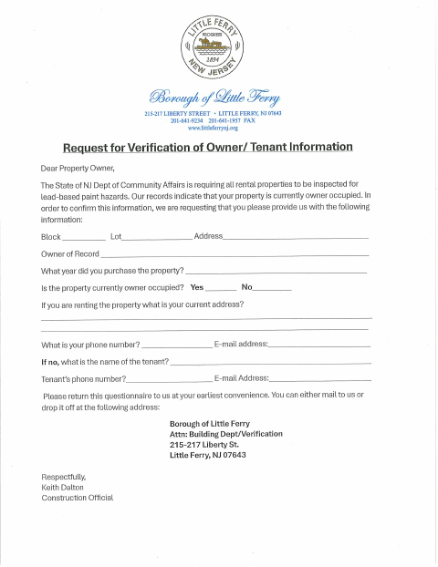 First page of the Request for Verification of Owner/Tenant Information