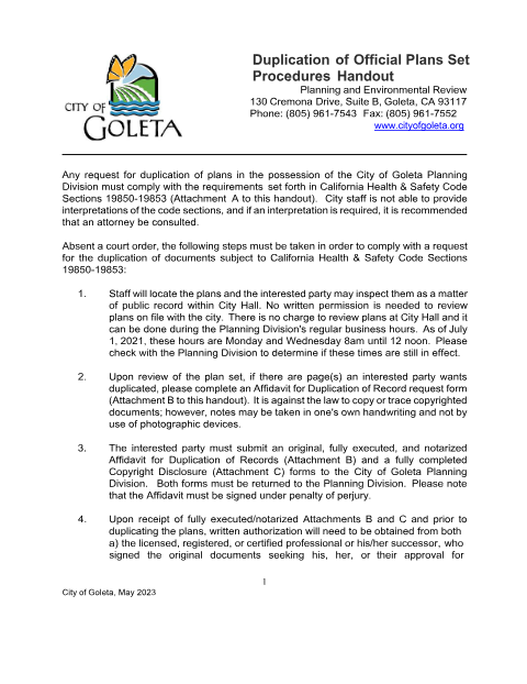 First page of the Affidavit for Duplication of Records (Building Plans)