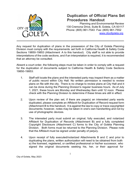 First page of the Affidavit for Duplication of Records (Building Plans)