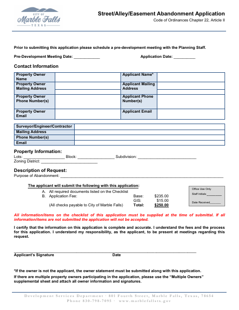 First page of the Street/Alley/Easement Abandonment Application