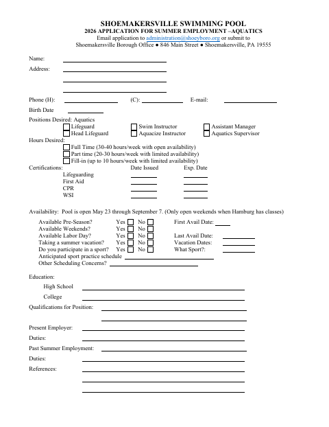 First page of the Application for Summer Employment – Aquatics