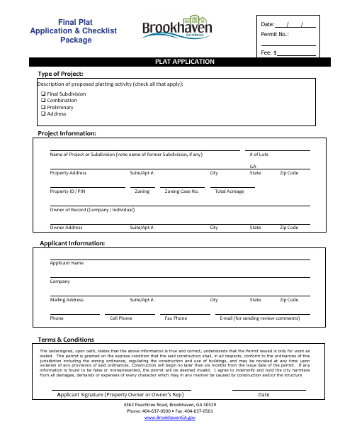 First page of the Final Plat Application & Checklist Package
