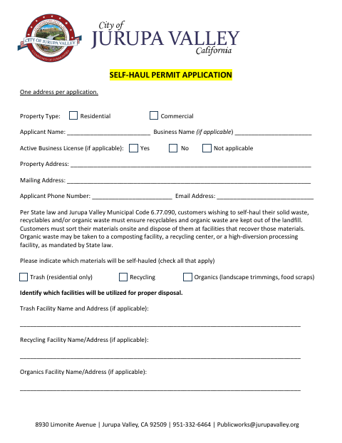 First page of the Self-Haul Permit Application