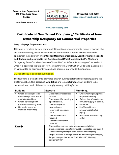 First page of the Certificate of New Tenant or New Ownership Occupancy for Commercial Properties