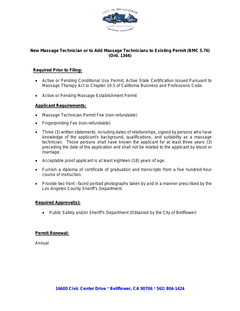 First page of the Application for Massage Technician Permit