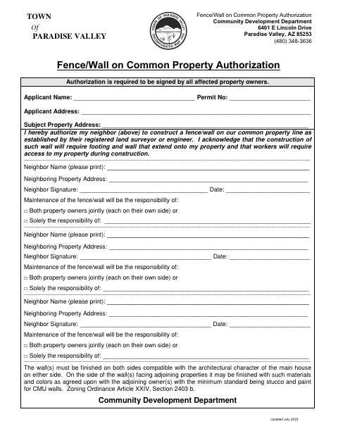 First page of the Fence/Wall on Common Property Authorization