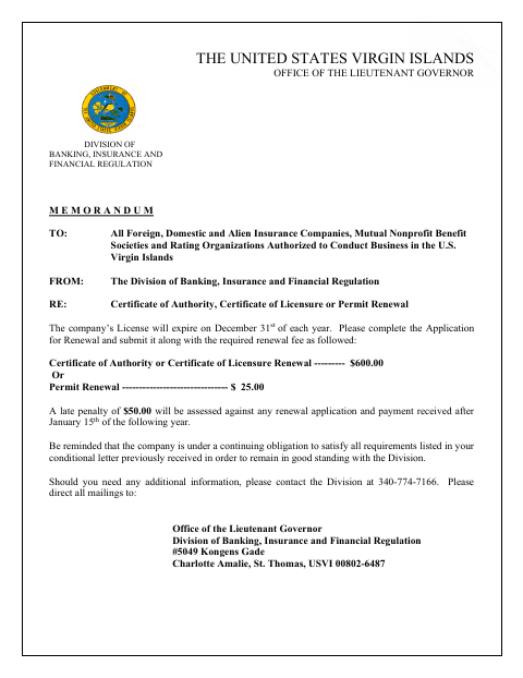 First page of the Certificate of Authority Renewal Application