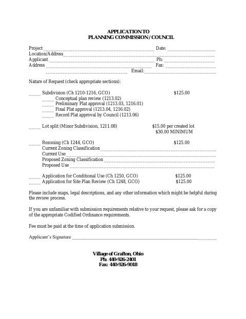 First page of the Application to Planning Commission / Council