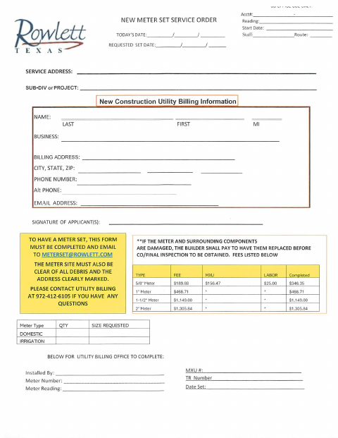 First page of the New Meter Set Service Order