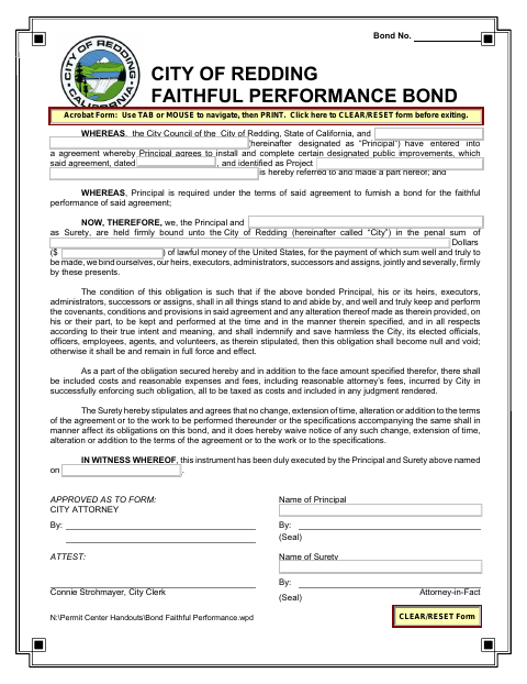 First page of the Faithful Performance Bond