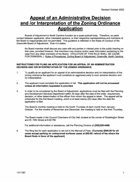First page of the Appeal of an Administrative Decision Application