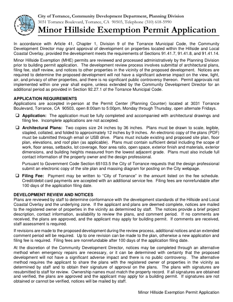 First page of the Minor Hillside Exemption Permit Application