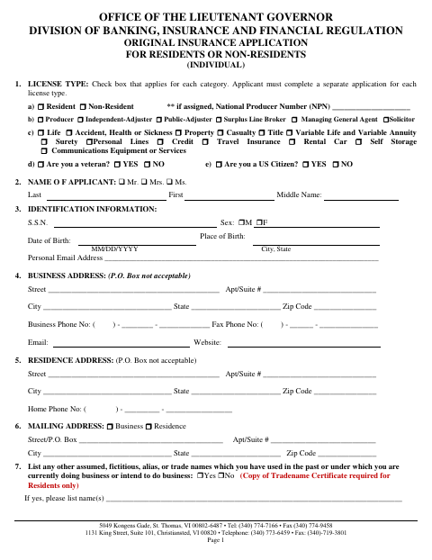 First page of the Original Insurance Application for Residents or Non-Residents (Individual)