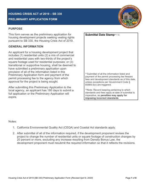 First page of the Housing Crisis Act of 2019 – SB 330 Preliminary Application Form
