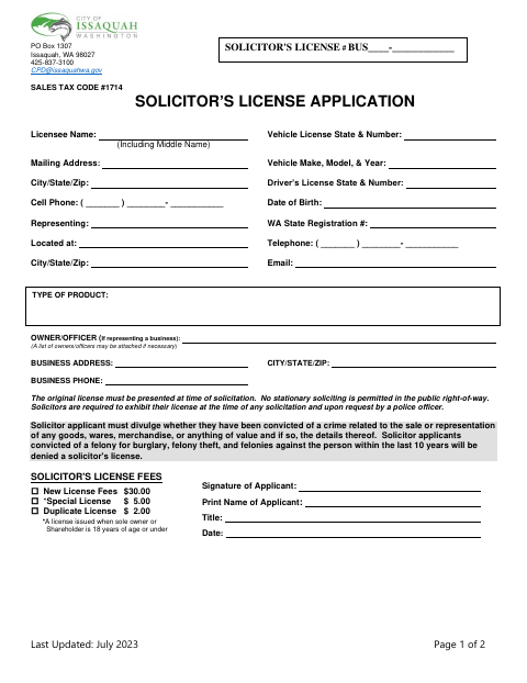 First page of the Solicitor’s License Application