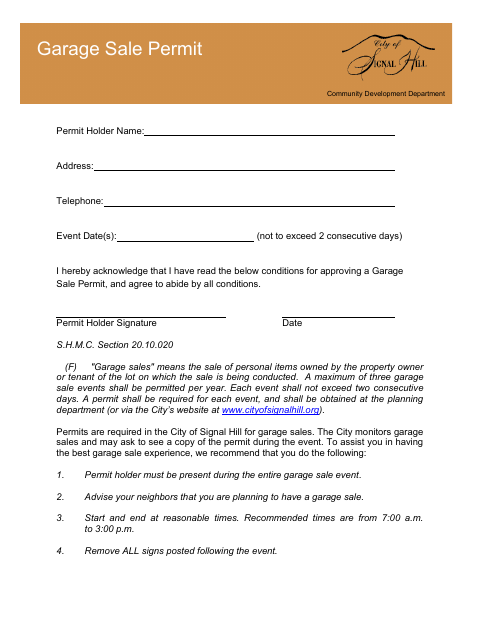 First page of the Garage Sale Permit