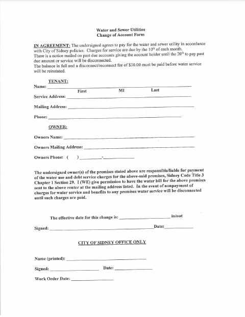 First page of the Water and Sewer Utilities Change of Account Form