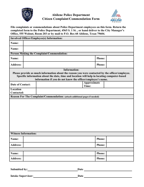 First page of the Citizen Complaint/Commendation Form