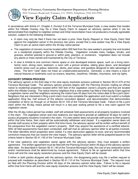 First page of the View Equity Claim Application