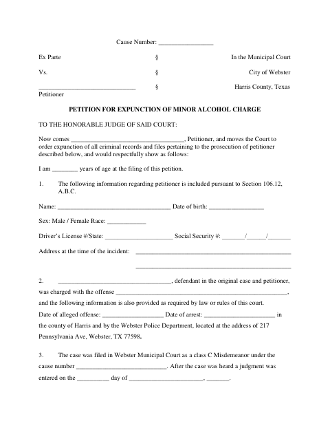 First page of the Petition for Expunction of Minor Alcohol Charge
