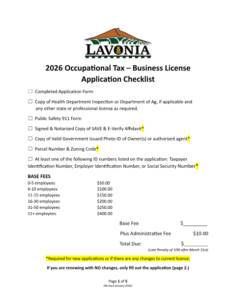 First page of the Occupational Tax Business Application