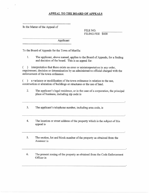 First page of the Board of Appeals Variance Application