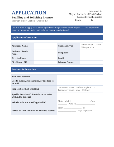 First page of the Peddling and Soliciting License Application