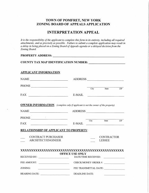 First page of the Zoning Board of Appeals Interpretation Appeal Application