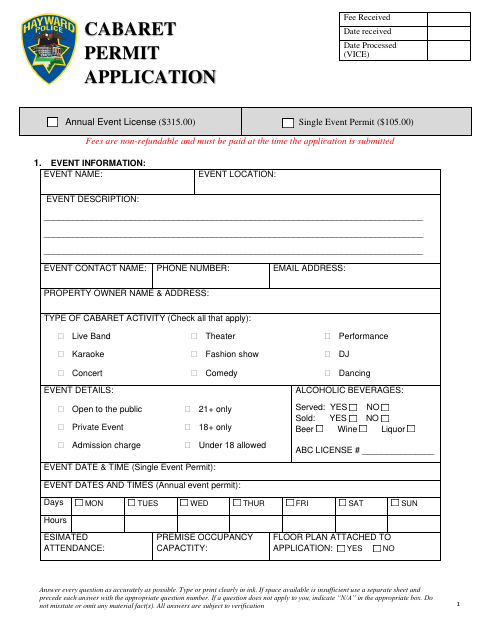 First page of the Cabaret Application