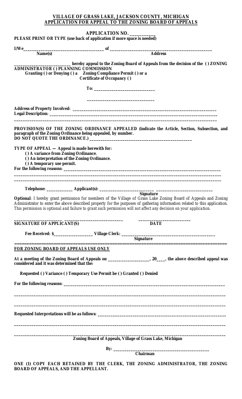 First page of the Application for Appeal to the Zoning Board of Appeals
