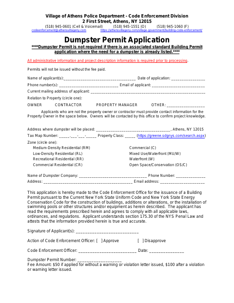 First page of the Dumpster Permit Application
