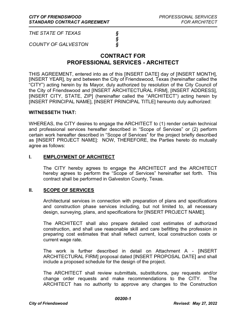 First page of the Standard Agreement for Professional Services – Architect
