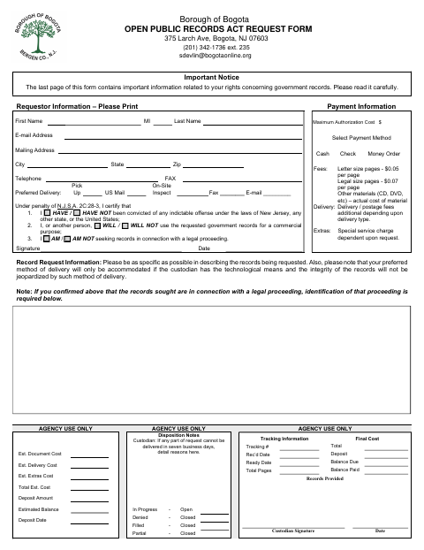 First page of the Open Public Records Request Form