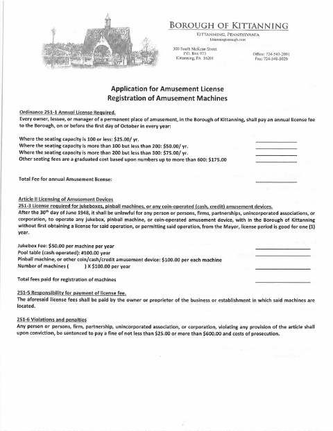 First page of the Amusement License Application