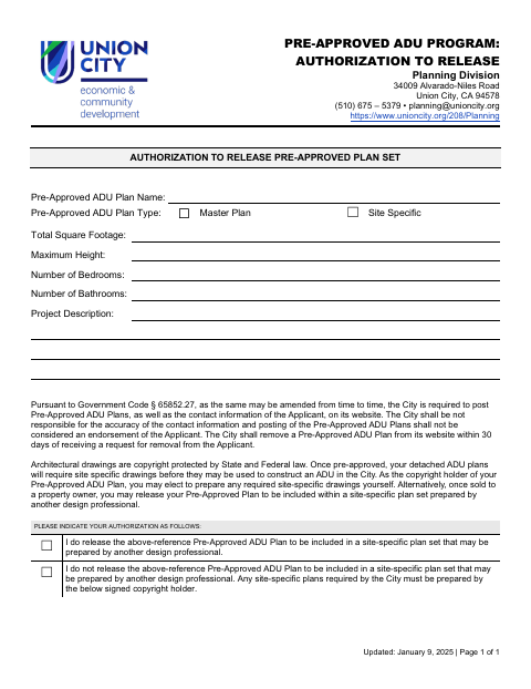 First page of the Pre-Approved ADU Program: Authorization to Release