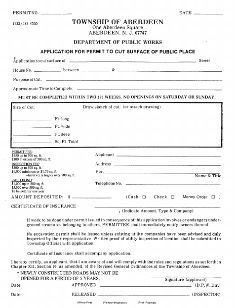 First page of the Road Opening Permit Application