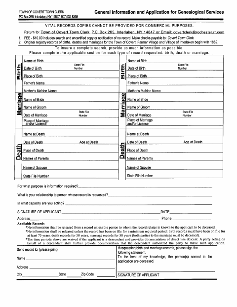 First page of the Genealogical Services Application