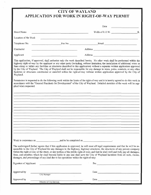 First page of the Work in Right-of-Way Permit