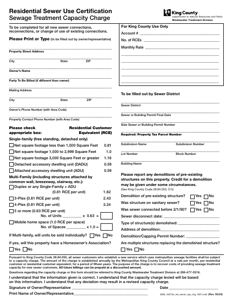 First page of the Residential Sewer Use Certification Sewage Treatment Capacity Charge