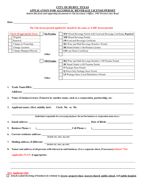 First page of the Alcoholic Beverage License Application