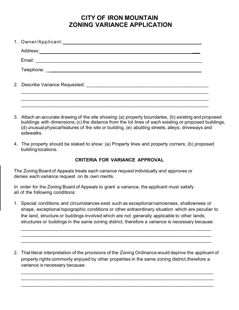 First page of the Zoning Variance Application
